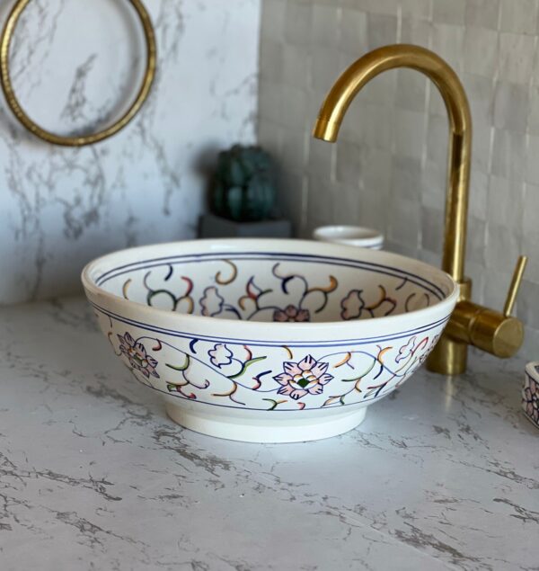 Fait main Vasque à poser en céramique artisanale – Motifs orientaux peints à la main | Lavabo salle de bain – 40 cm – Image 4