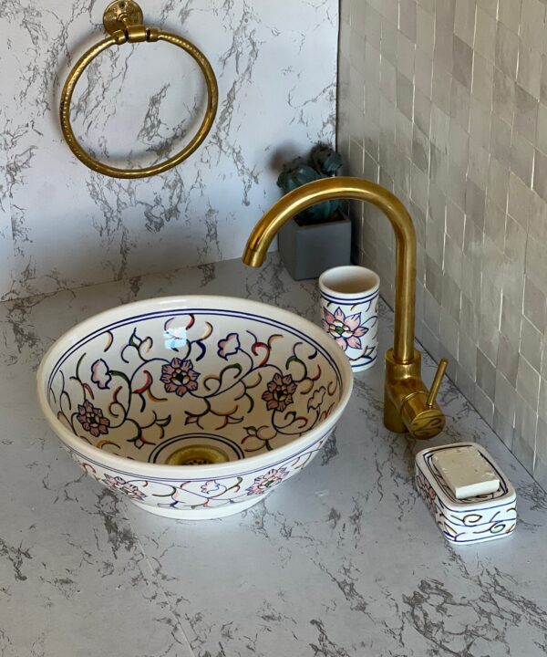 Fait main Vasque à poser en céramique artisanale – Motifs orientaux peints à la main | Lavabo salle de bain – 40 cm – Image 3