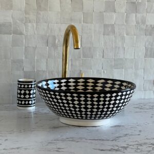 Fait main Vasque à poser en céramique noire et blanche – Design géométrique | Lavabo salle de bain artisanal – 40 cm