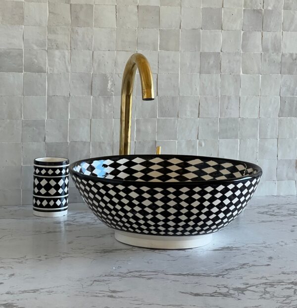 Fait main Vasque à poser en céramique noire et blanche – Design géométrique | Lavabo salle de bain artisanal – 40 cm