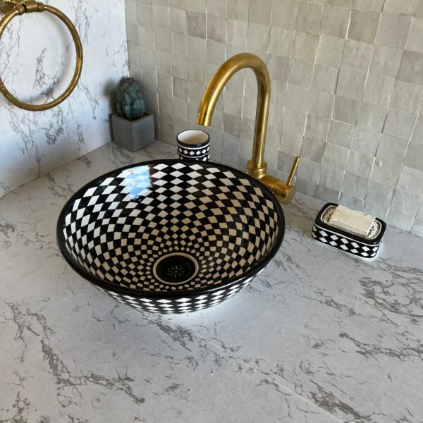 Fait main Vasque à poser en céramique noire et blanche – Design géométrique | Lavabo salle de bain artisanal – 40 cm – Image 3
