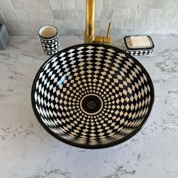 Fait main Vasque à poser en céramique noire et blanche – Design géométrique | Lavabo salle de bain artisanal – 40 cm – Image 5