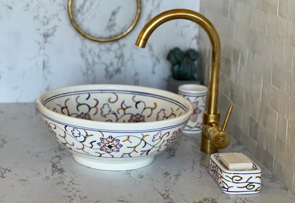 Fait main Vasque à poser en céramique artisanale – Motifs orientaux peints à la main | Lavabo salle de bain – 40 cm – Image 6