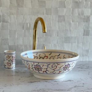 Fait main Vasque à poser en céramique artisanale – Motifs orientaux peints à la main | Lavabo salle de bain – 40 cm