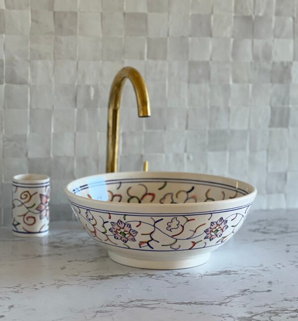 Fait main Vasque à poser en céramique artisanale – Motifs orientaux peints à la main | Lavabo salle de bain – 40 cm