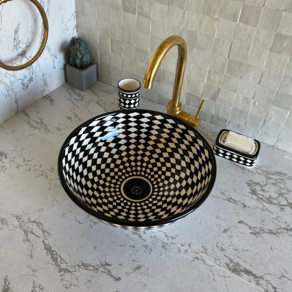 Fait main Vasque à poser en céramique noire et blanche – Design géométrique | Lavabo salle de bain artisanal – 40 cm – Image 4