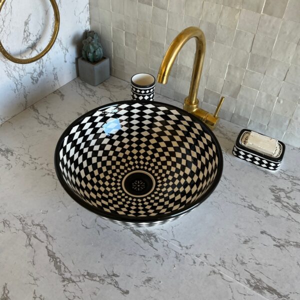 Fait main Vasque à poser en céramique noire et blanche – Design géométrique | Lavabo salle de bain artisanal – 40 cm – Image 6