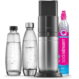 DUO Machine à Eau Pétillante et Soda pour Carafe en Verre | Pack 1 Carafe en Verre 1L + 1 Bouteille 1L Finition Acier Inoxydable Lave-Vaisselle + 1 Recharge de Gaz 60L à Clipser | Noire
