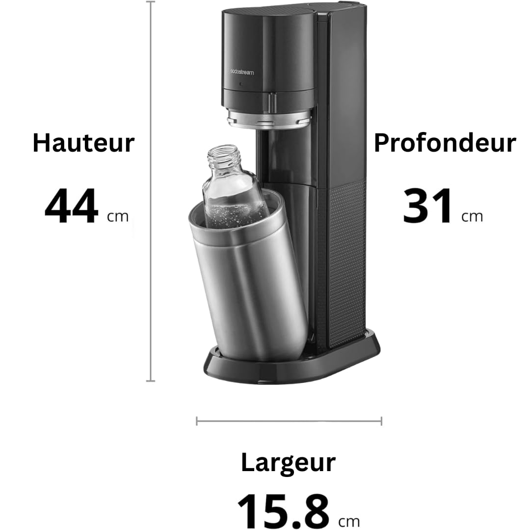 DUO Machine à Eau Pétillante et Soda pour Carafe en Verre | Pack 1 Carafe en Verre 1L + 1 Bouteille 1L Finition Acier Inoxydable Lave-Vaisselle + 1 Recharge de Gaz 60L à Clipser | Noire – Image 8