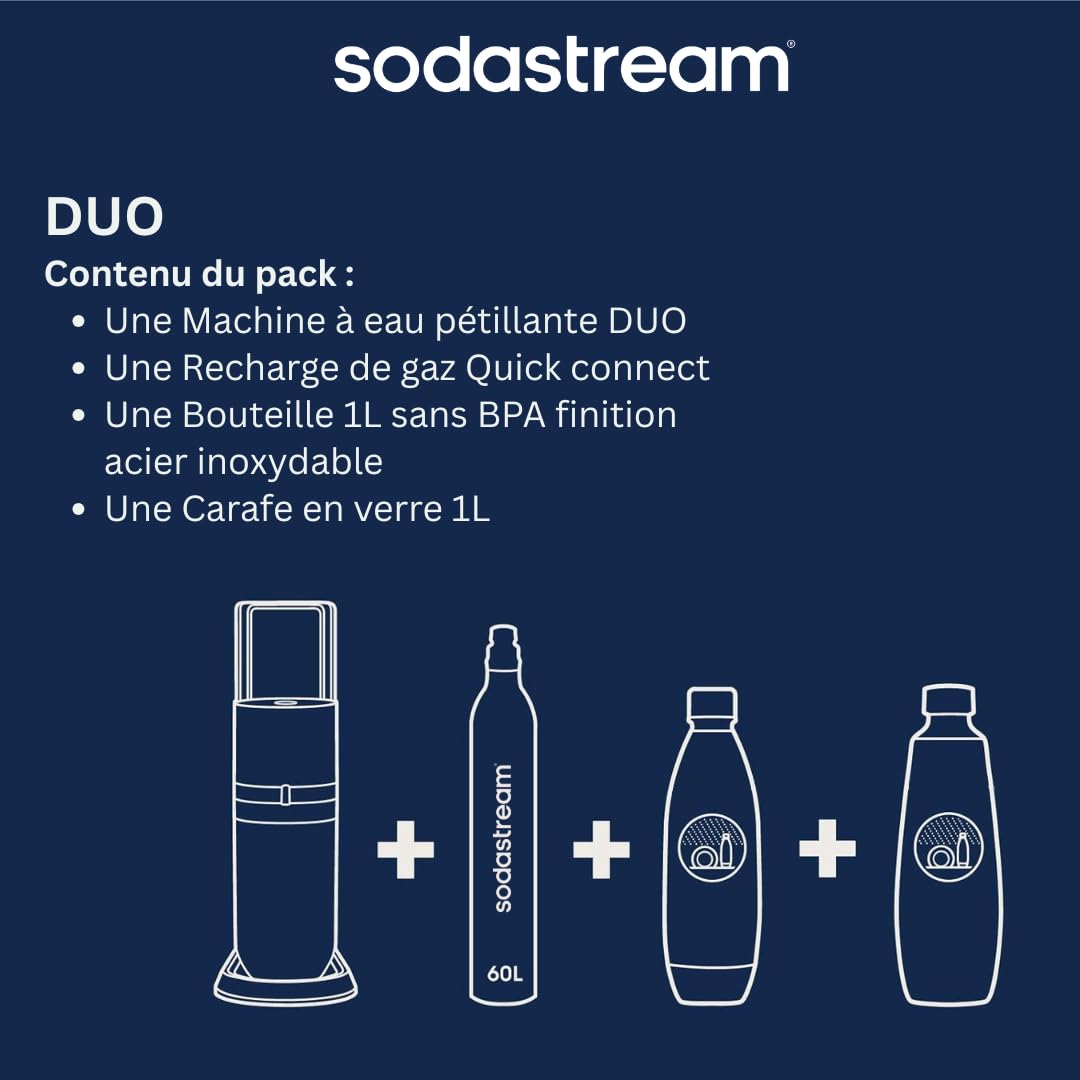 DUO Machine à Eau Pétillante et Soda pour Carafe en Verre | Pack 1 Carafe en Verre 1L + 1 Bouteille 1L Finition Acier Inoxydable Lave-Vaisselle + 1 Recharge de Gaz 60L à Clipser | Noire – Image 6