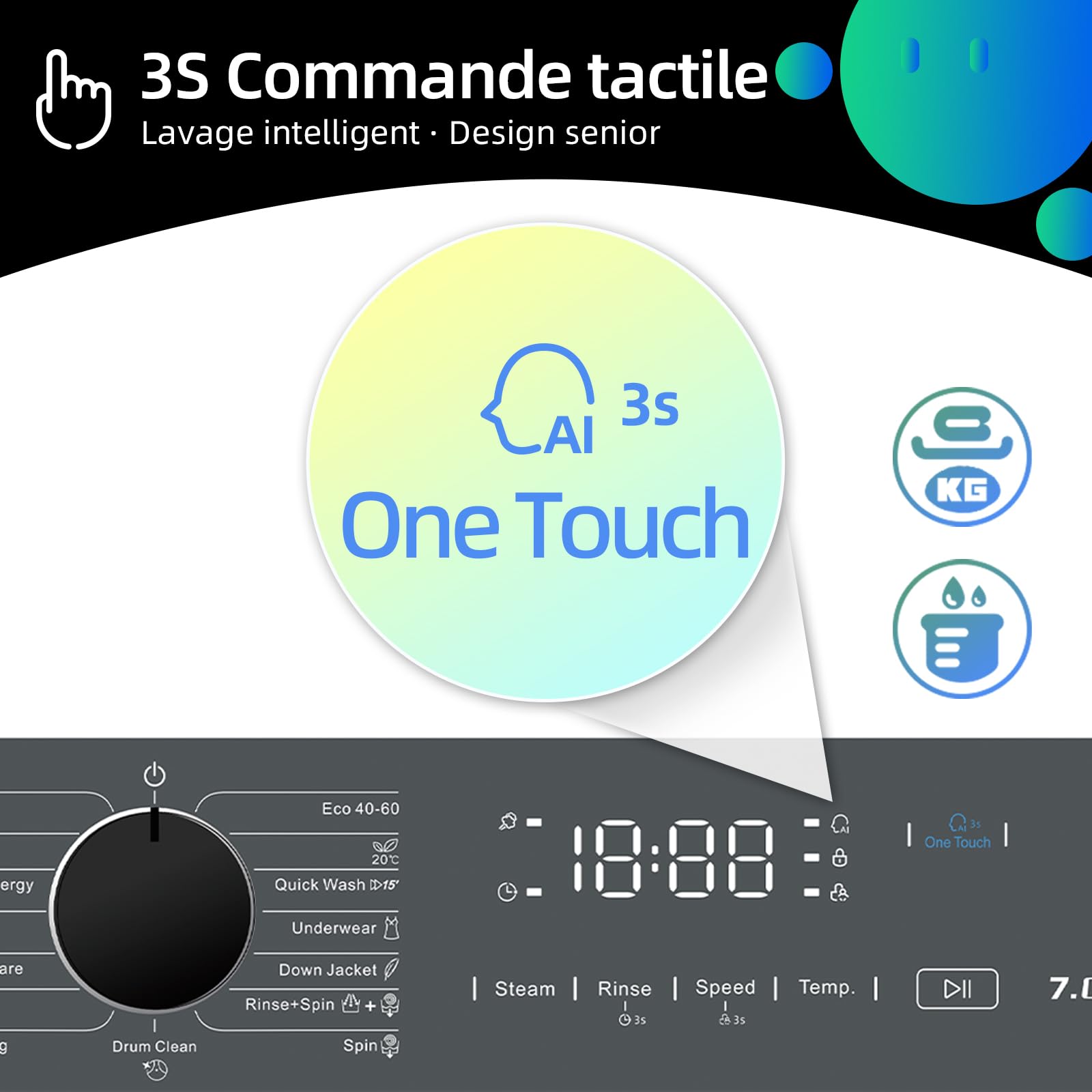 CW07123863AX Lave linge hublot - 7kg, Classe énergétique A, Moteur BLDC 1200 RPM, Lavage vapeur & rapide, 15 programmes, Design compact (60x46.5x84cm) - Gris – Image 11