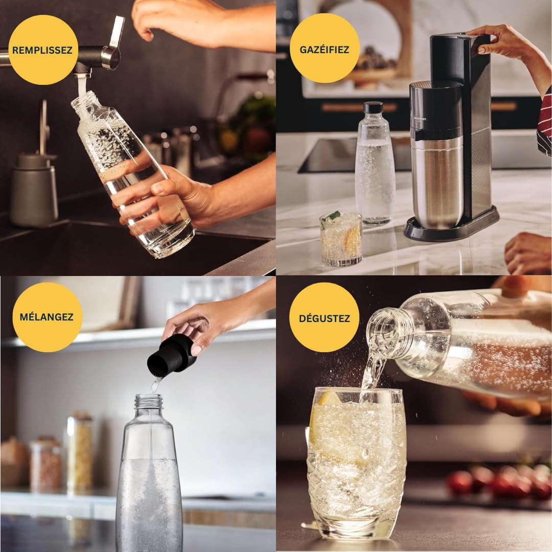 DUO Machine à Eau Pétillante et Soda pour Carafe en Verre | Pack 1 Carafe en Verre 1L + 1 Bouteille 1L Finition Acier Inoxydable Lave-Vaisselle + 1 Recharge de Gaz 60L à Clipser | Noire – Image 3