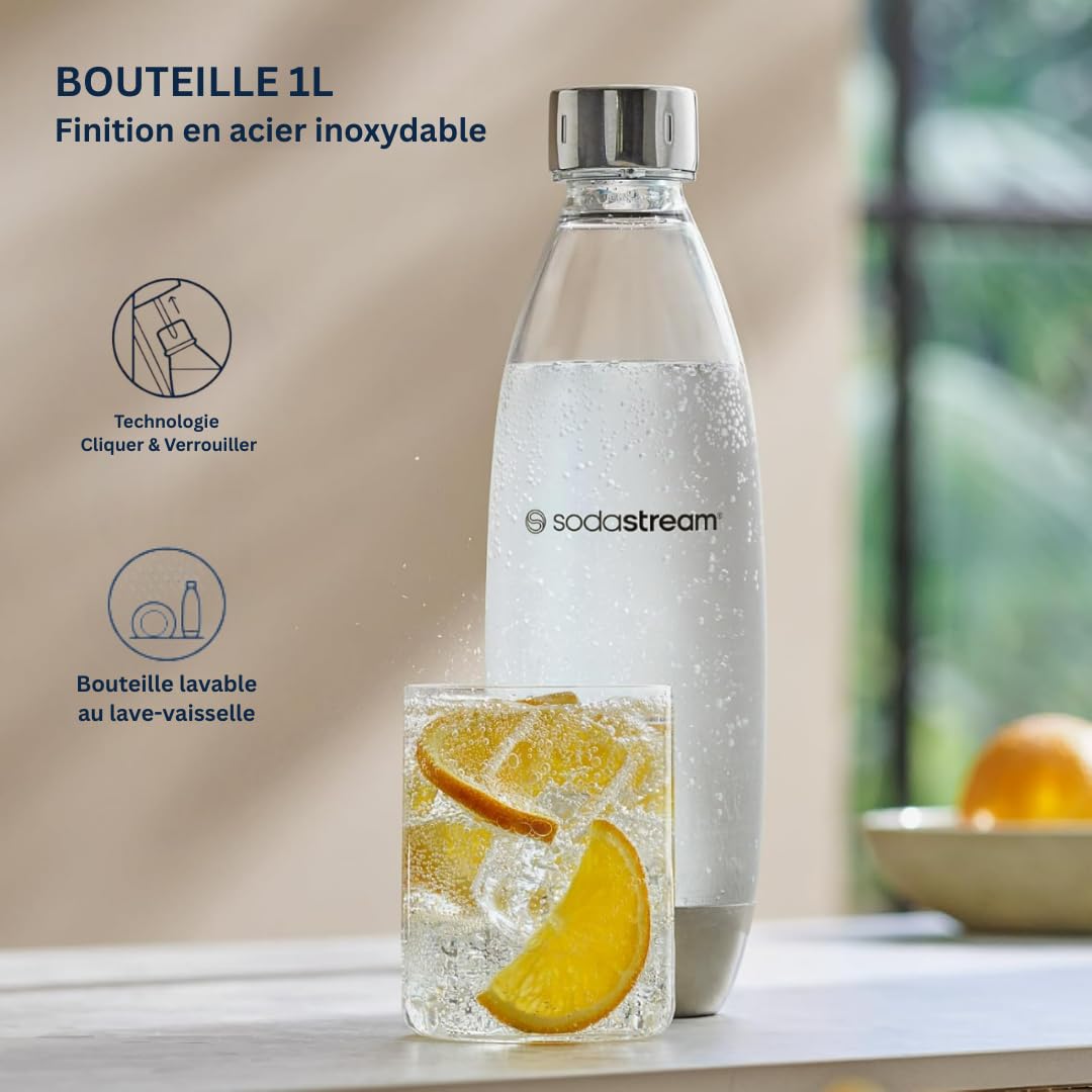 DUO Machine à Eau Pétillante et Soda pour Carafe en Verre | Pack 1 Carafe en Verre 1L + 1 Bouteille 1L Finition Acier Inoxydable Lave-Vaisselle + 1 Recharge de Gaz 60L à Clipser | Noire – Image 4