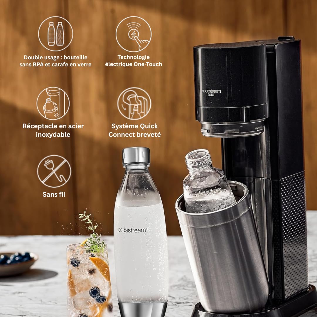 DUO Machine à Eau Pétillante et Soda pour Carafe en Verre | Pack 1 Carafe en Verre 1L + 1 Bouteille 1L Finition Acier Inoxydable Lave-Vaisselle + 1 Recharge de Gaz 60L à Clipser | Noire – Image 5