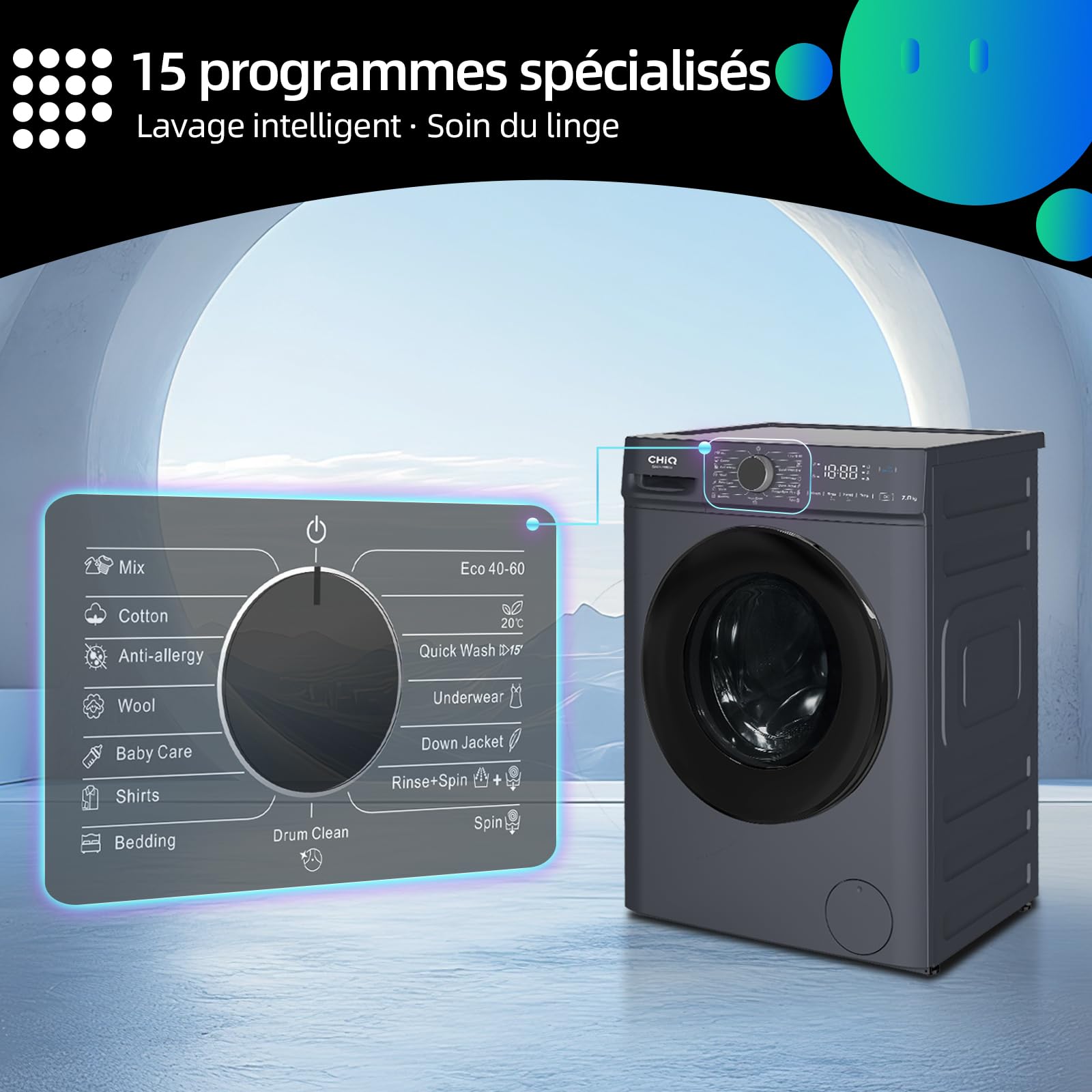 CW07123863AX Lave linge hublot - 7kg, Classe énergétique A, Moteur BLDC 1200 RPM, Lavage vapeur & rapide, 15 programmes, Design compact (60x46.5x84cm) - Gris – Image 12